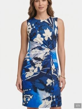 Dkny‎ Nwt Size 4 Sleeveless Blue Floral Twist-Front Dress